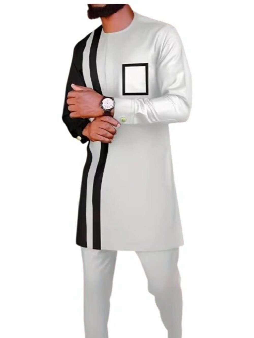 African Formal Dashiki Vibrant White Shirt & Pant Suit Traditional Dress Outfit